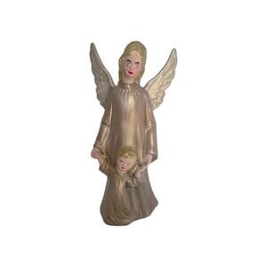 Vintage Angel With Child Figurine '75 Signed Golden Haired Open Wings Xmas Decor